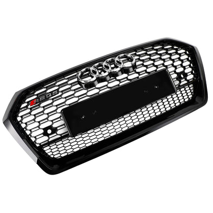 2018-2020 RSQ5 Style Honeycomb Grille For Audi Q5 / Q5 Sline / SQ5 Front Bumper Glossy Black Replacement Grill W/ Ring Emblem