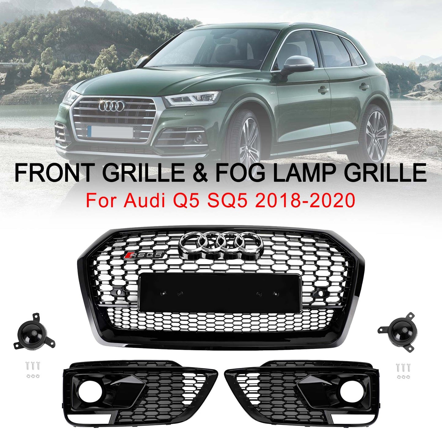 2018-2020 Audi Q5 / SQ5 RSQ5 Style Honeycomb Mesh Grille+Fog Lamp Grille With Sensor Hole Front Bumper Grille Set