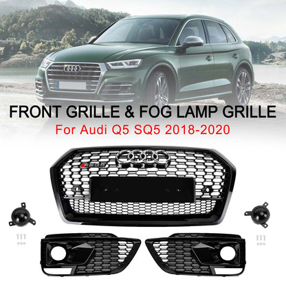 2018-2020 Audi Q5 / SQ5 RSQ5 Style Honeycomb Mesh Grille+Fog Lamp Grille With Sensor Hole Front Bumper Grille Set