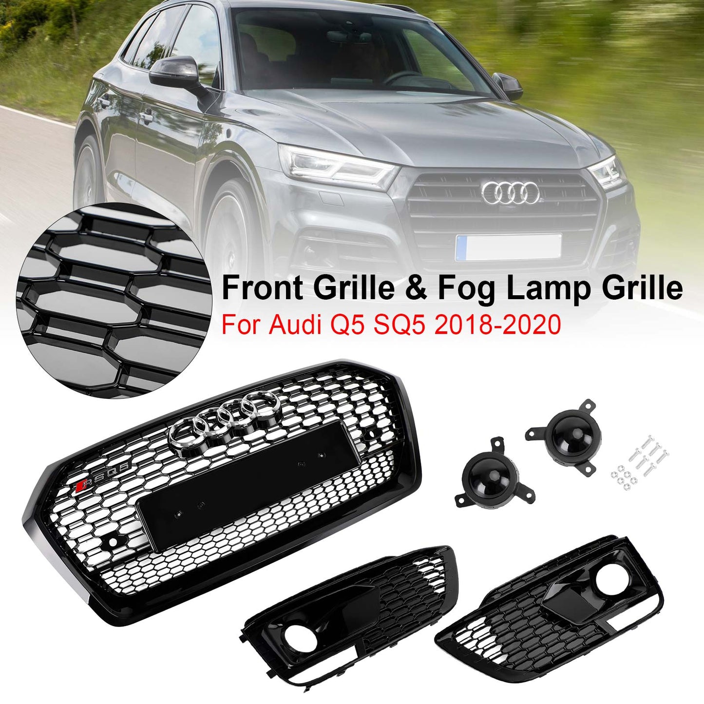 2018-2020 Audi Q5 / SQ5 RSQ5 Style Honeycomb Mesh Grille+Fog Lamp Grille With Sensor Hole Front Bumper Grille Set