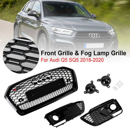 2018-2020 Audi Q5 SQ5 Front Black Grille RSQ5 Style Honeycomb Mesh Grill+Fog Lamp Grill