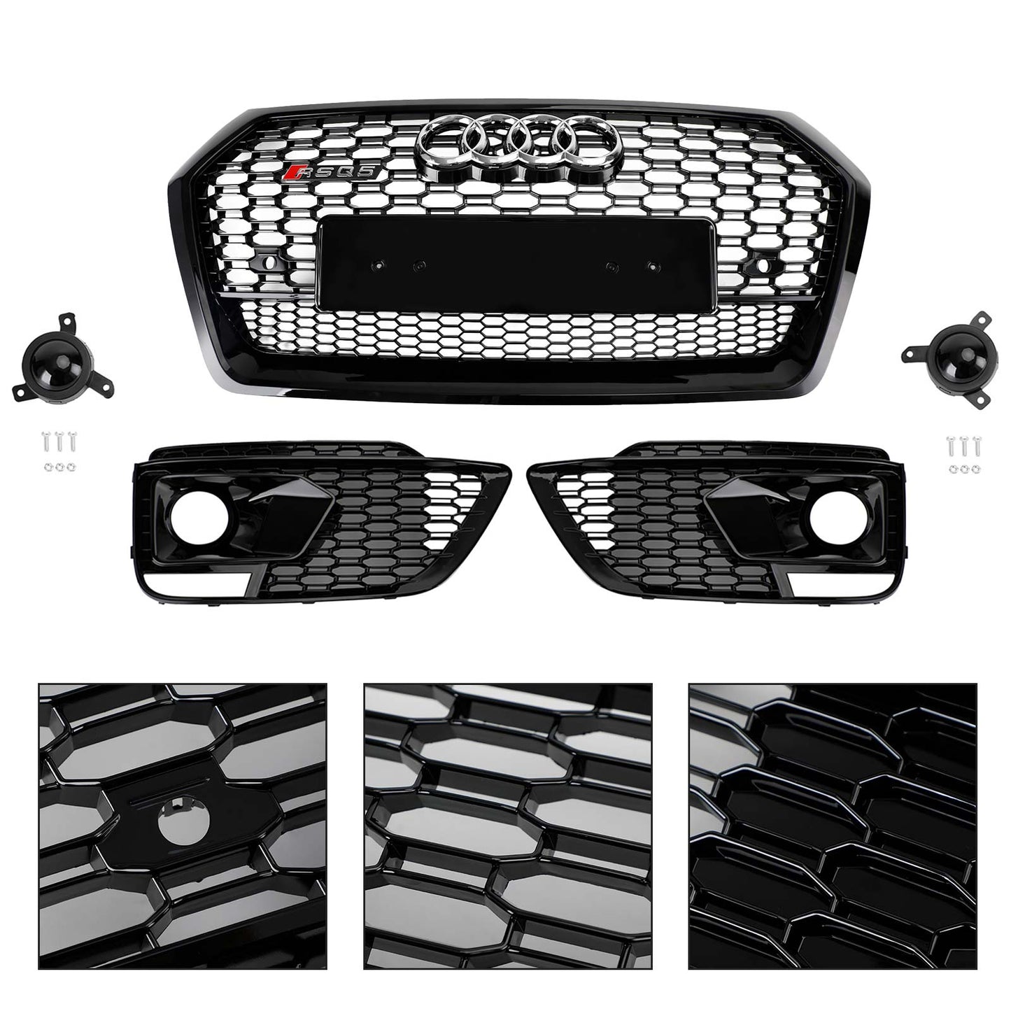 2018-2020 Audi Q5 / SQ5 RSQ5 Style Honeycomb Mesh Grille+Fog Lamp Grille With Sensor Hole Front Bumper Grille Set