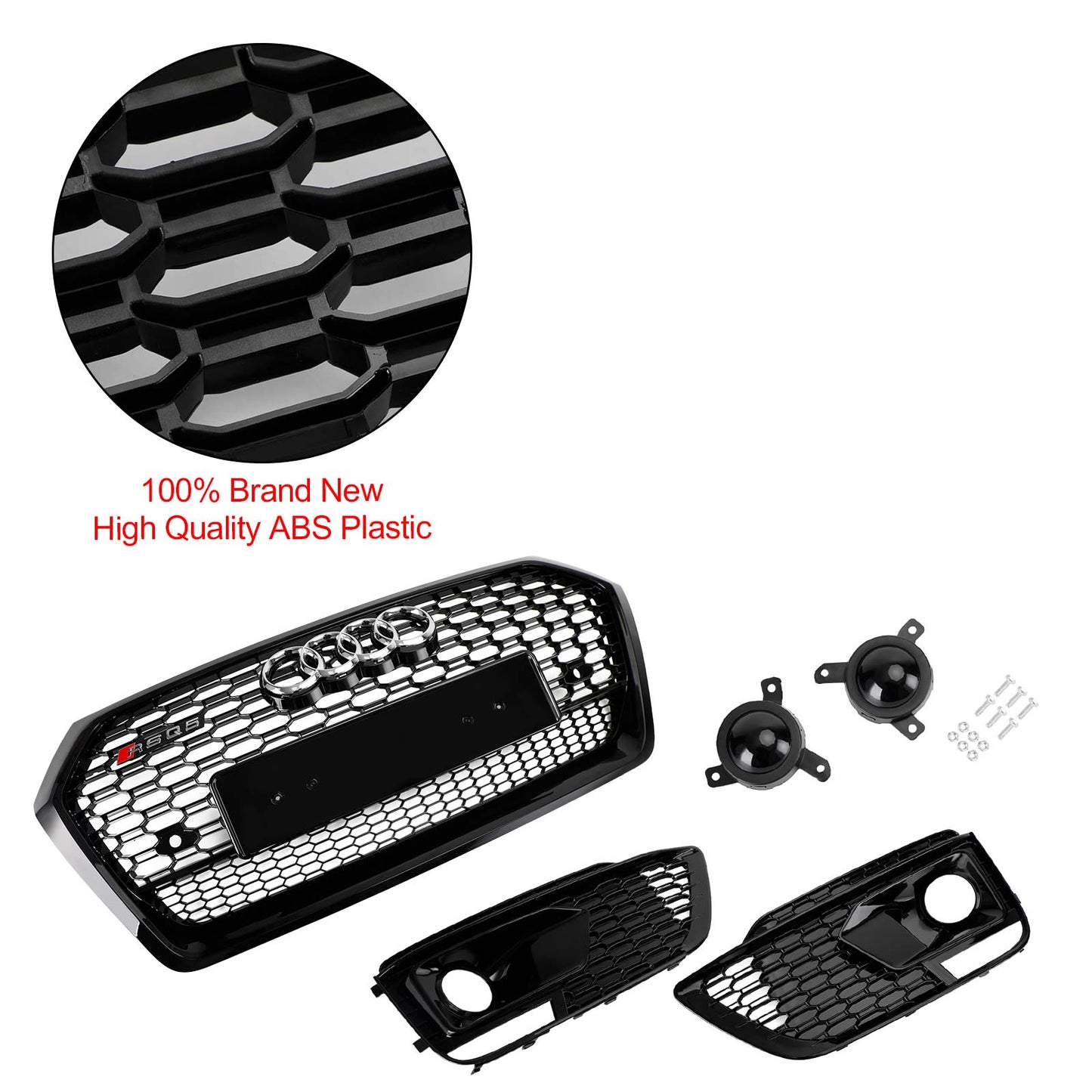 2018-2020 Audi Q5 / SQ5 RSQ5 Style Honeycomb Mesh Grille+Fog Lamp Grille With Sensor Hole Front Bumper Grille Set