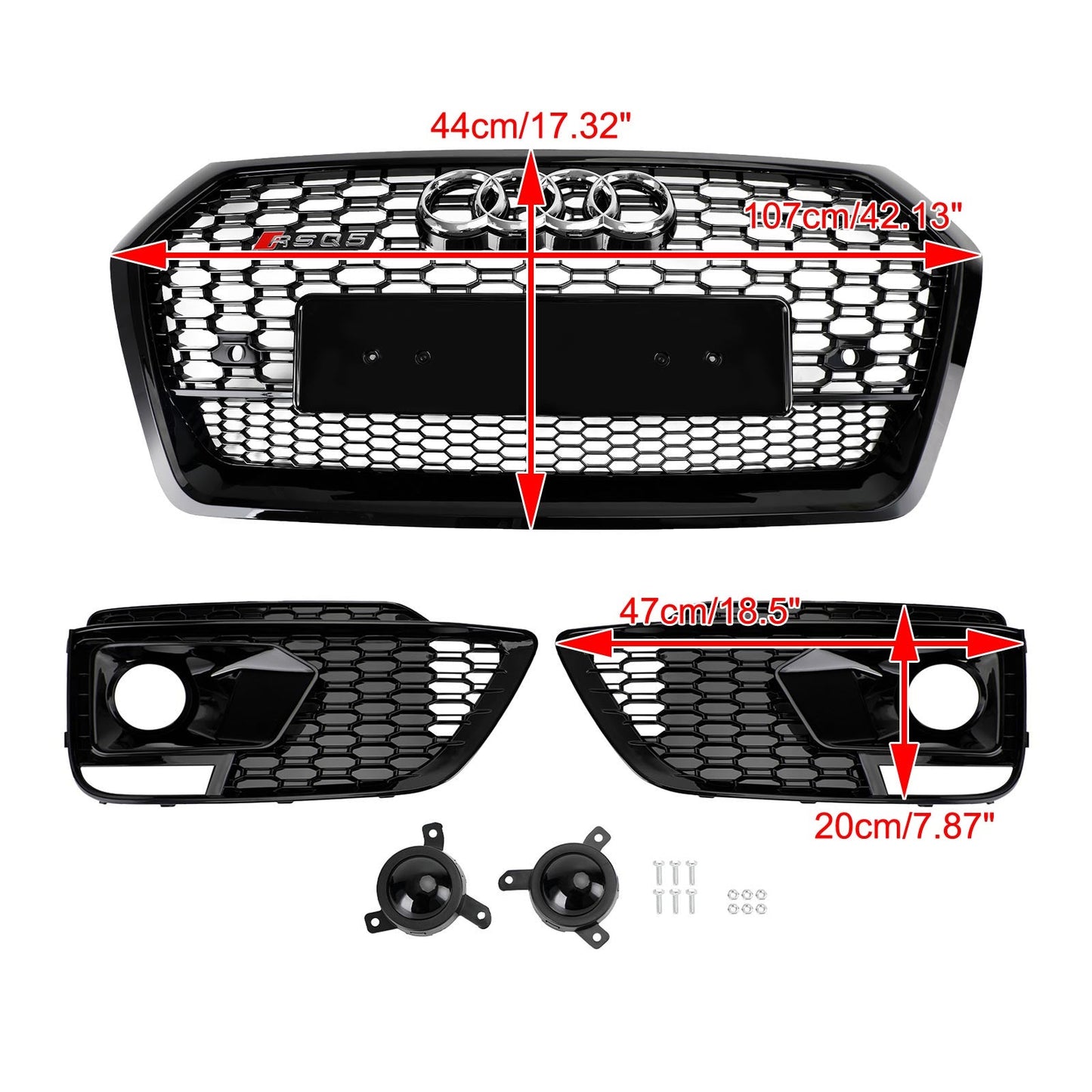 2018-2020 Audi Q5 / SQ5 RSQ5 Style Honeycomb Mesh Grille+Fog Lamp Grille With Sensor Hole Front Bumper Grille Set