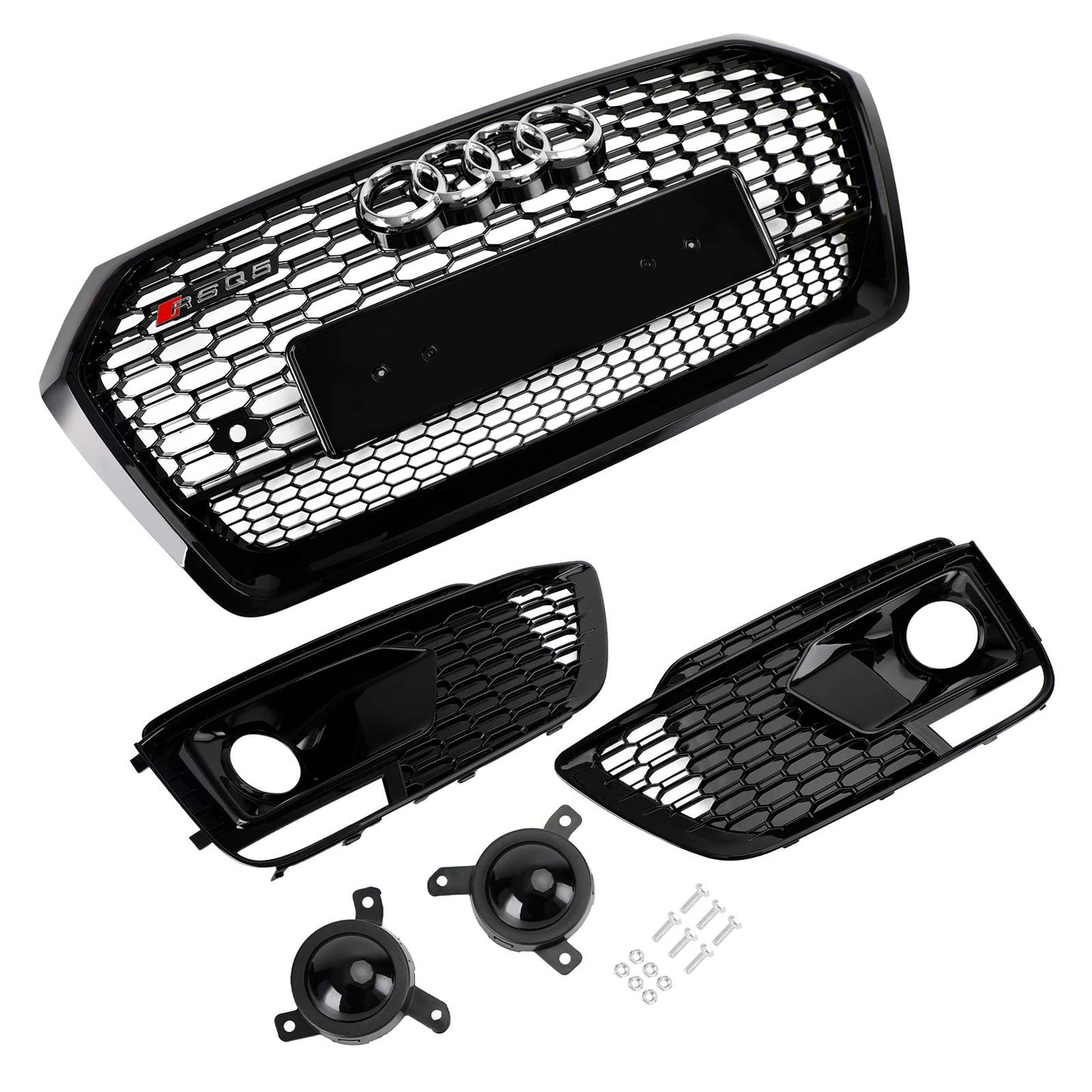 2018-2020 Audi Q5 / SQ5 RSQ5 Style Honeycomb Mesh Grille+Fog Lamp Grille With Sensor Hole Front Bumper Grille Set