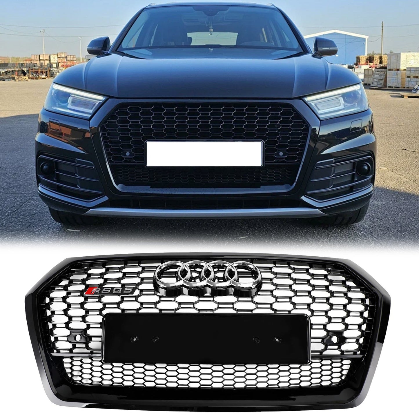 2018-2020 RSQ5 Style Honeycomb Grille For Audi Q5 / Q5 Sline / SQ5 Front Bumper Glossy Black Replacement Grill W/ Ring Emblem
