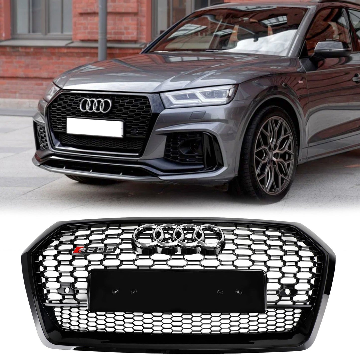 2018-2020 RSQ5 Style Honeycomb Grille For Audi Q5 / Q5 Sline / SQ5 Front Bumper Glossy Black Replacement Grill W/ Ring Emblem