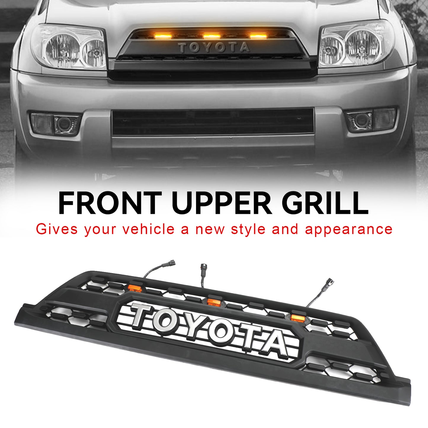 TRD PRO Style Grille For 2002-2005 Toyota 4Runner Black Front Bumper Grill W/ LED & Letter