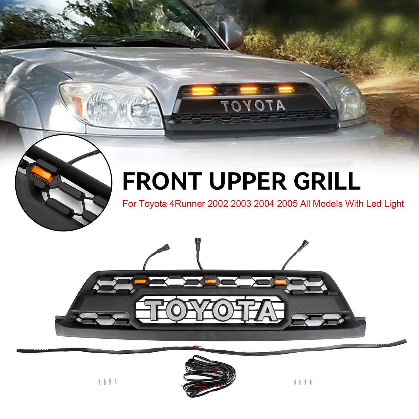 TRD PRO Style Grille For 2002-2005 Toyota 4Runner Black Front Bumper Grill W/ LED & Letter