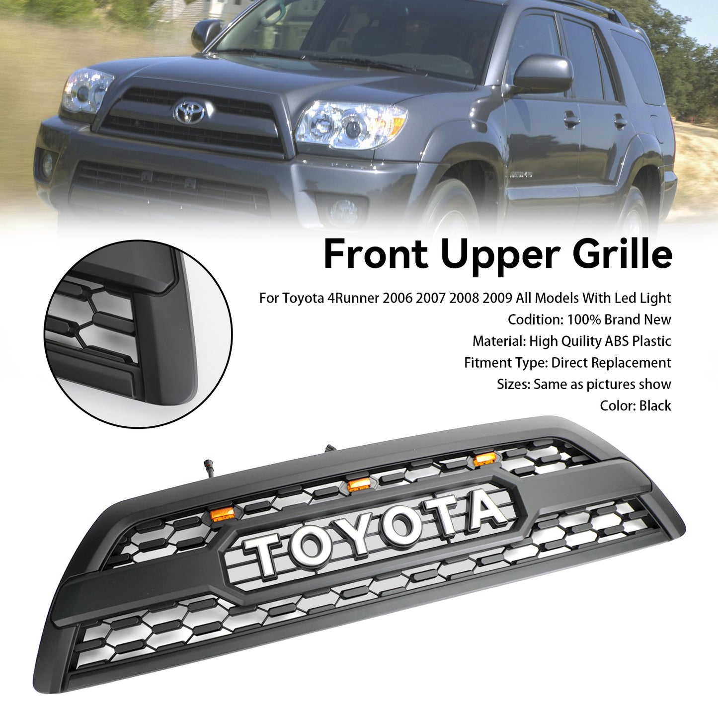 2006-2009 Toyota 4Runner TRD PRO Style Front Bumper Grill Black Grille W/ LED Light
