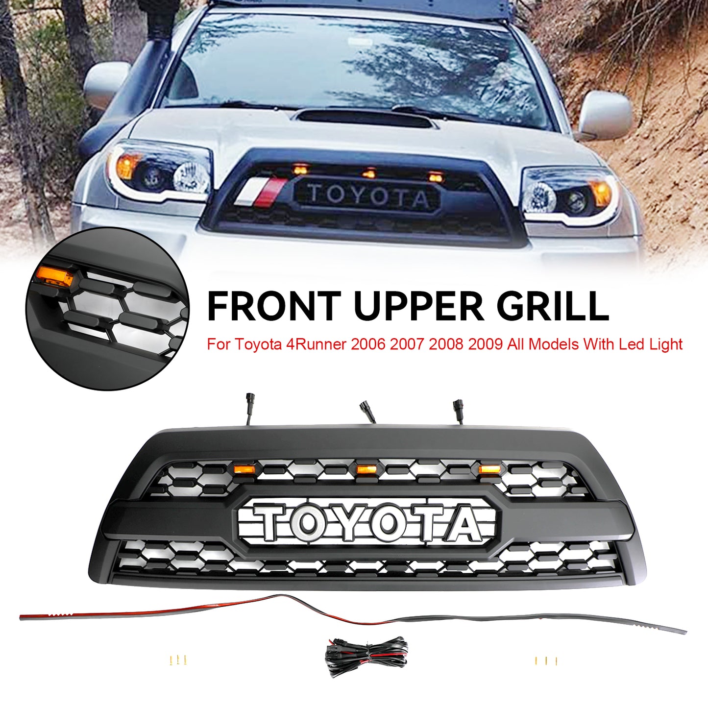 2006-2009 Toyota 4Runner TRD PRO Style Front Bumper Grill Black Grille W/ LED Light