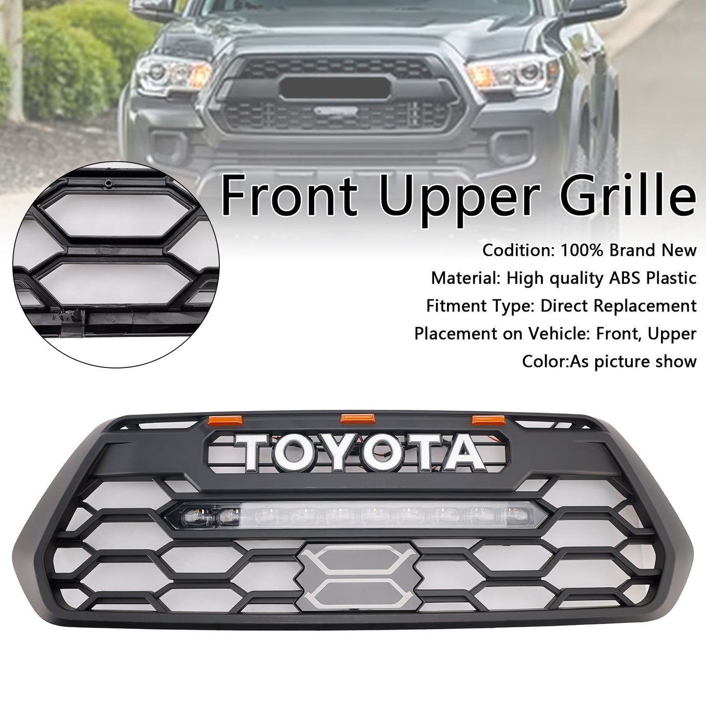 TRD Pro Light Bar Style Grille For 2016-2023 Toyota Tacoma Black Front Bumper Grill W/ LED & Light Bar