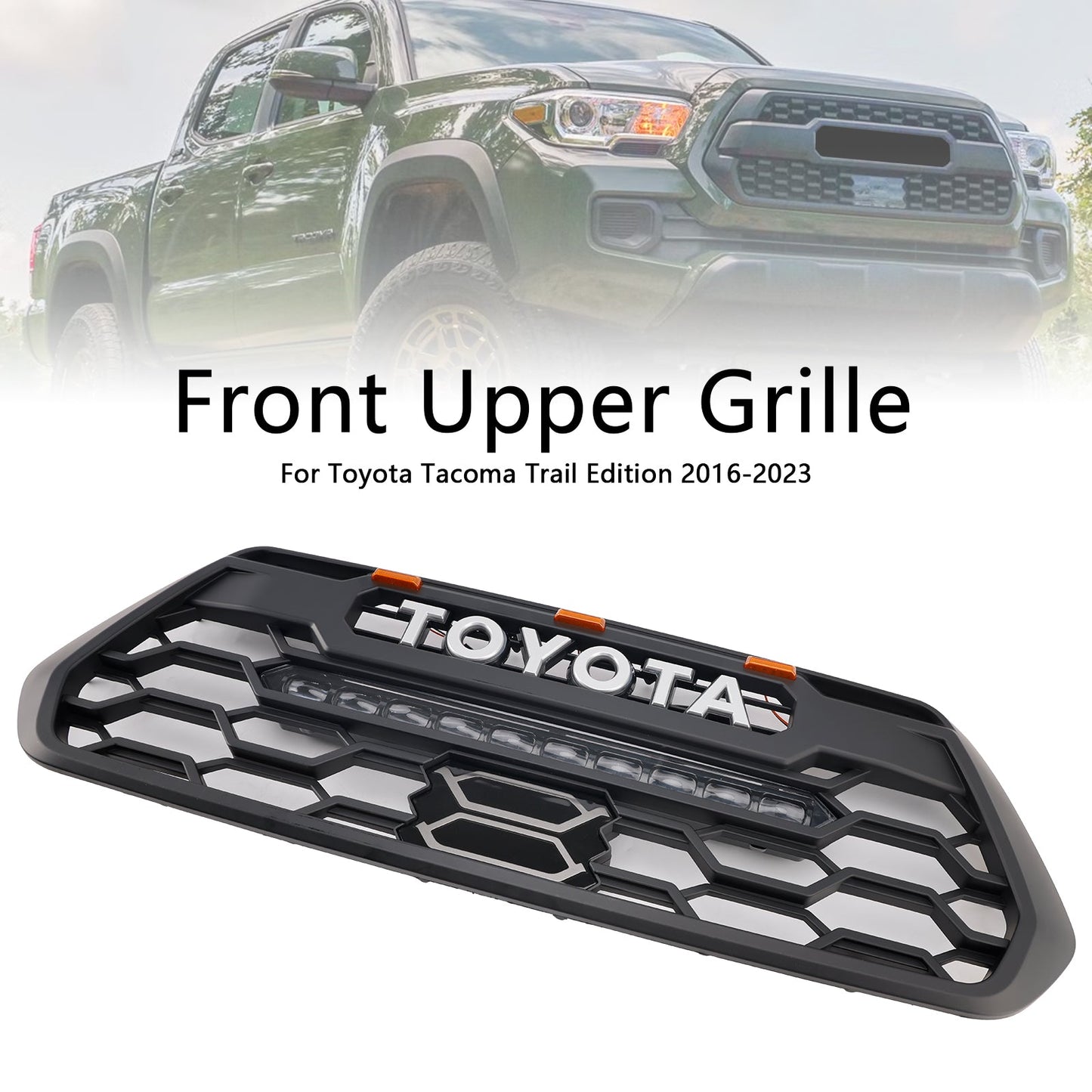 Toyota Tacoma 3rd Gen 2016-2023 Trd Pro Grill Front Bumper Black  Replacemetn Grille W/ LED & Light Bar