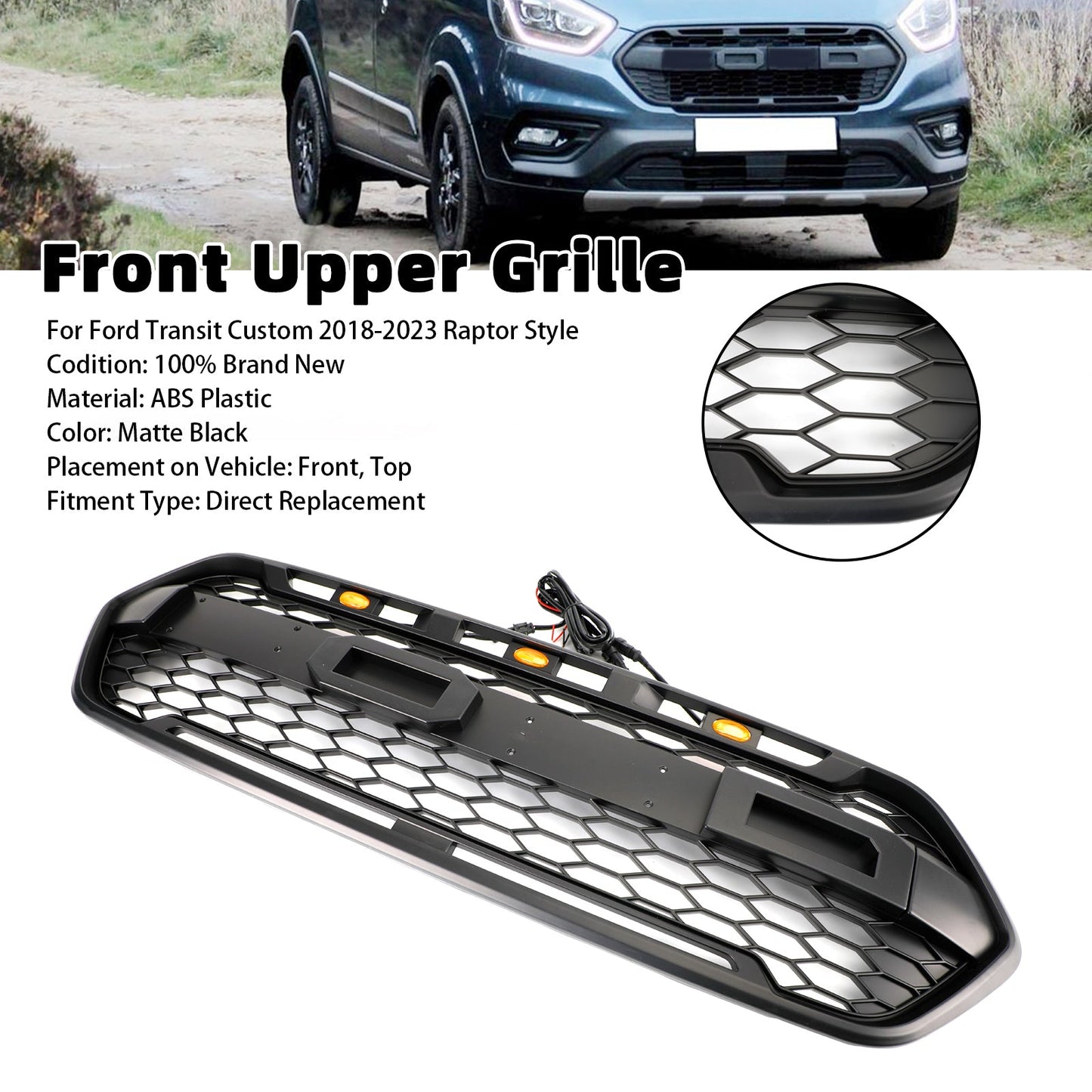 Ford Transit Cu2018 2019 2020 2021 2022 2023 stom Front Bumper Grill Raptor Black Grille W/ Led Light & Letter