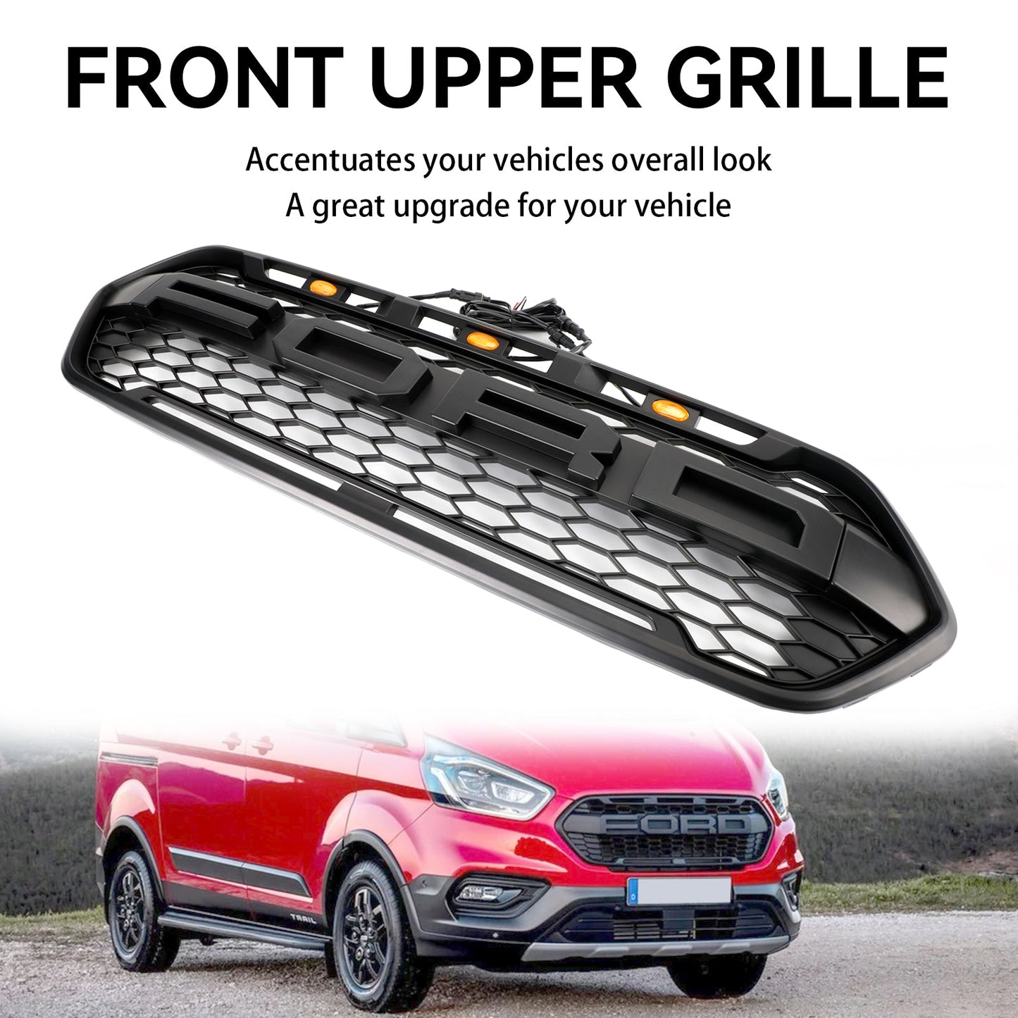 2018-2023 Ford Transit Custom Raptor Grille Honeycomb Mesh Hex Front Black Grill + LED