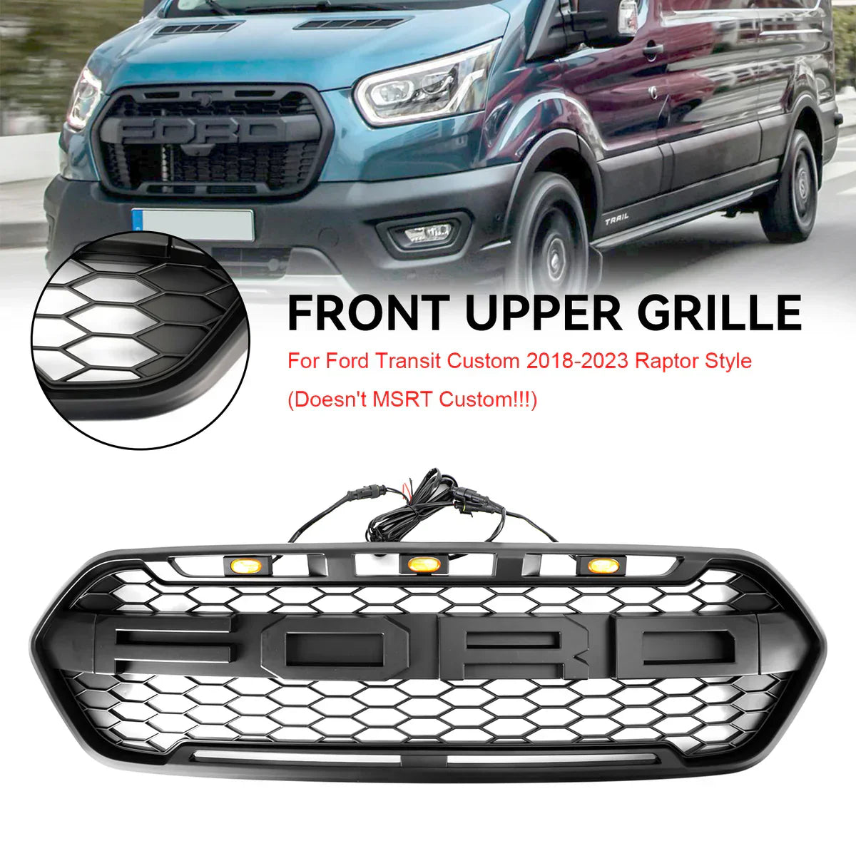 2018-2023 Ford Transit Custom Trail W/ 3LED Matte Black Front Bumper Grille Raptor Style