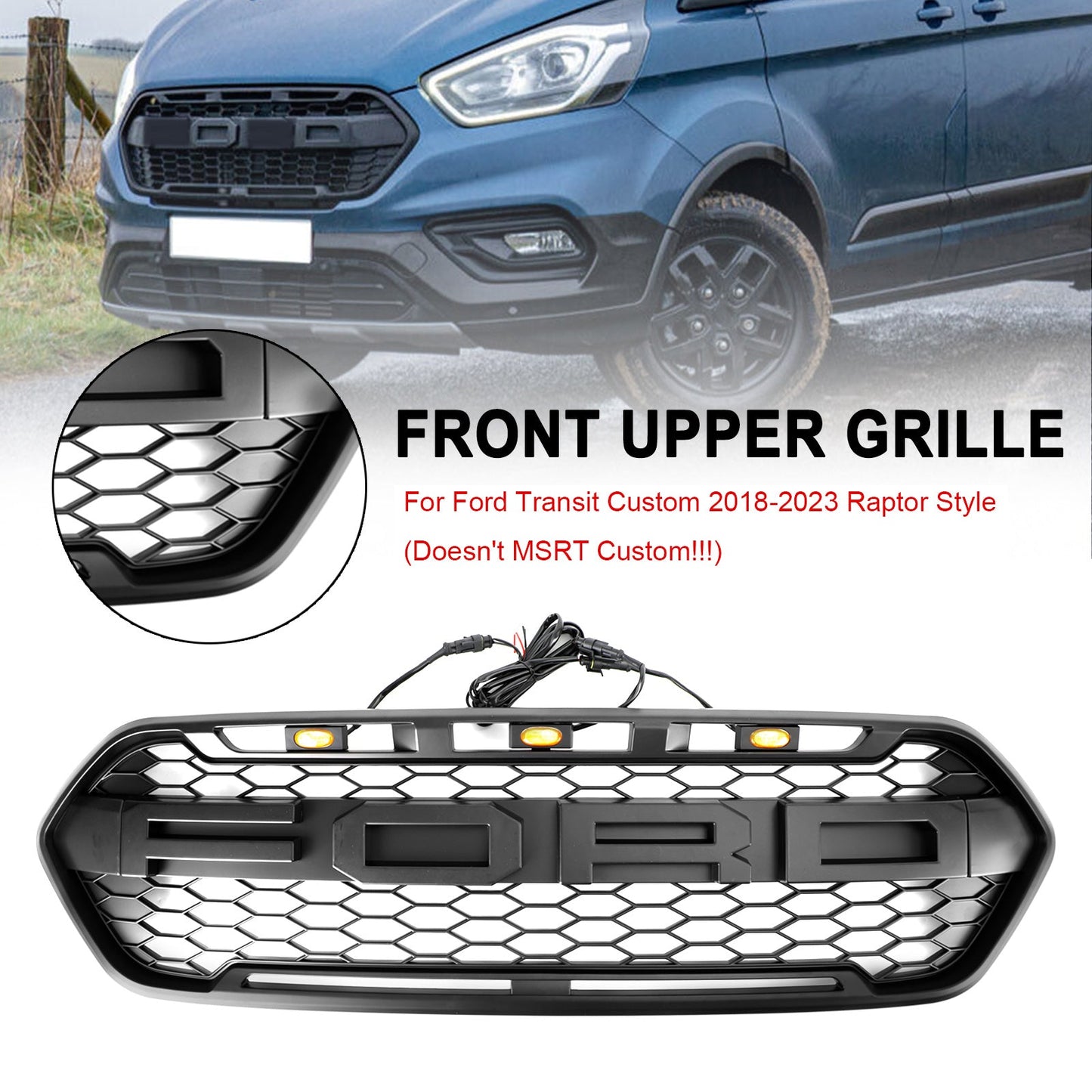 2018-2023 Ford Transit Custom Raptor Grille Honeycomb Mesh Hex Front Black Grill + LED