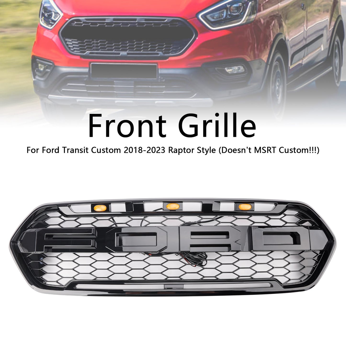 2018-2023 Ford Transit Custom Gloss Black Grille Raptor Style Honeycomb Upper Bumper Front Grill