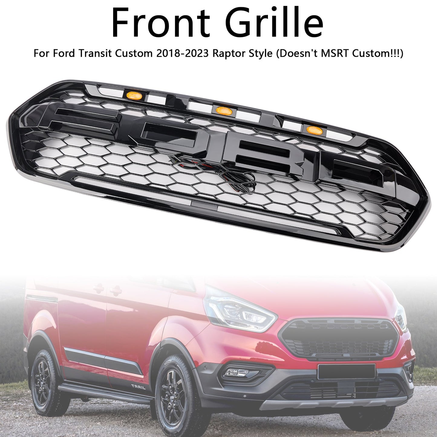 2018-2023 Ford Transit Custom Gloss Black Grille Raptor Style Honeycomb Upper Bumper Front Grill