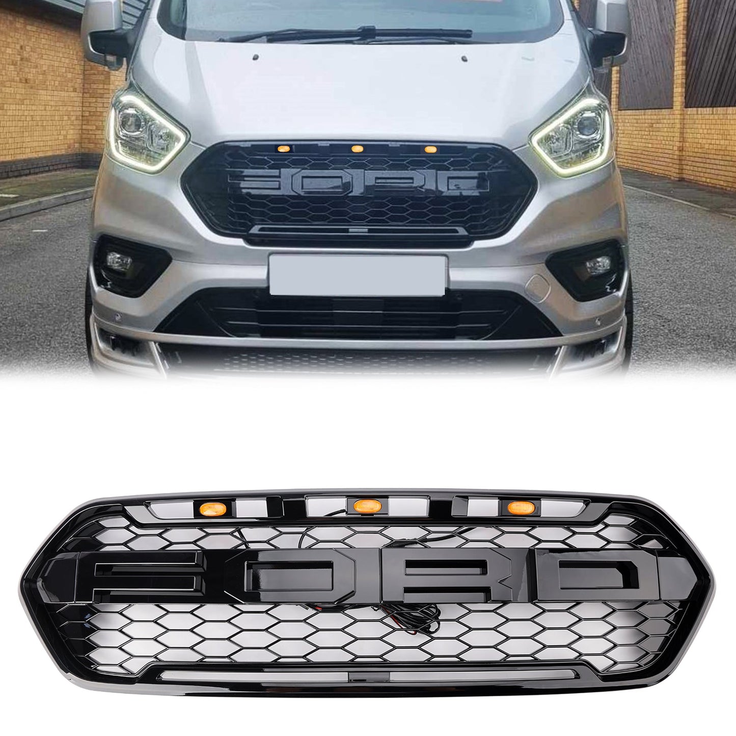 2018 2019 2020 2021 2022 2023 Ford Transit Custom Raptor Style Grille with Amber LED Light + Letter