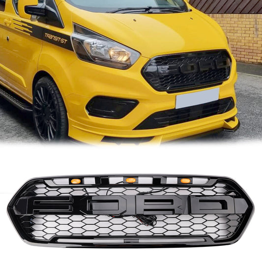 2018-2023 Ford Transit Custom Front Bumper Grille Air Intake Radiator Glossy Black Honeycomb Mesh Raptor Grill With LED
