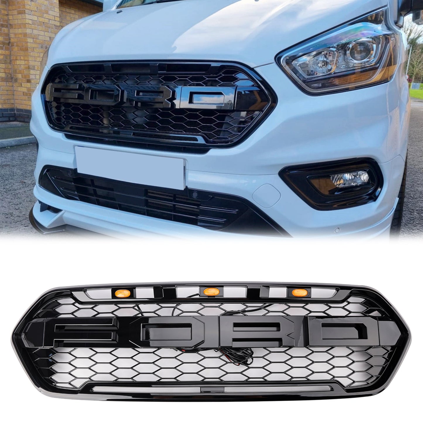2018-2023 Ford Transit Custom Honeycomb Reptor Glossy Black Replacement Grille
