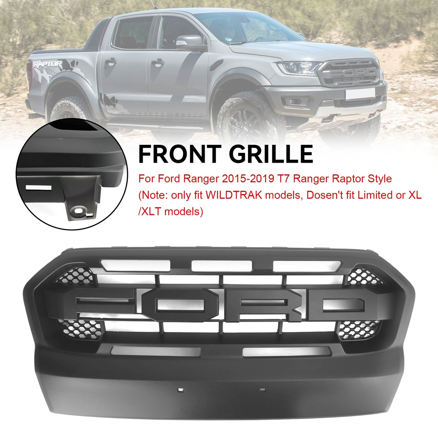 Ford Ranger T7 2015-2019 Wildtrak Raptor Style Front Bumper Grill Replacement Matte Black Grille