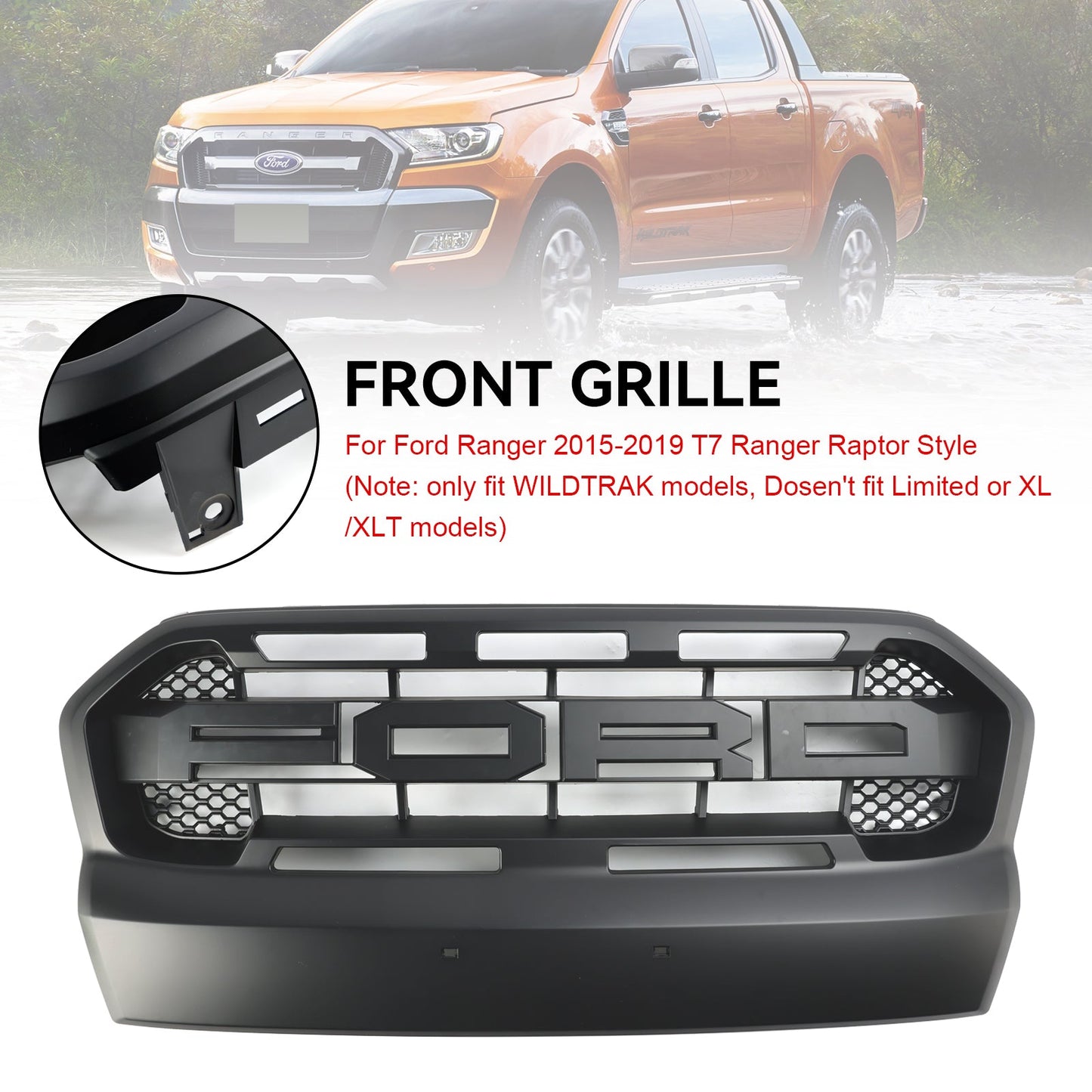 2015 2016 2017 2018 2019 Ford Ranger Wildtrak Raptor Grille Matte Black Front Bumper Replacement Grill With Letter
