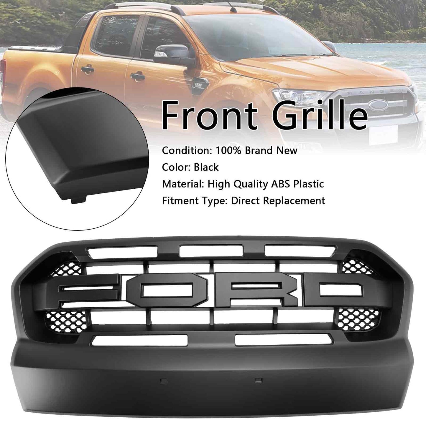 Ford Ranger 2015-2019 T7 Front Bumper Grill Black Raport Style Grille W/3 White LED
