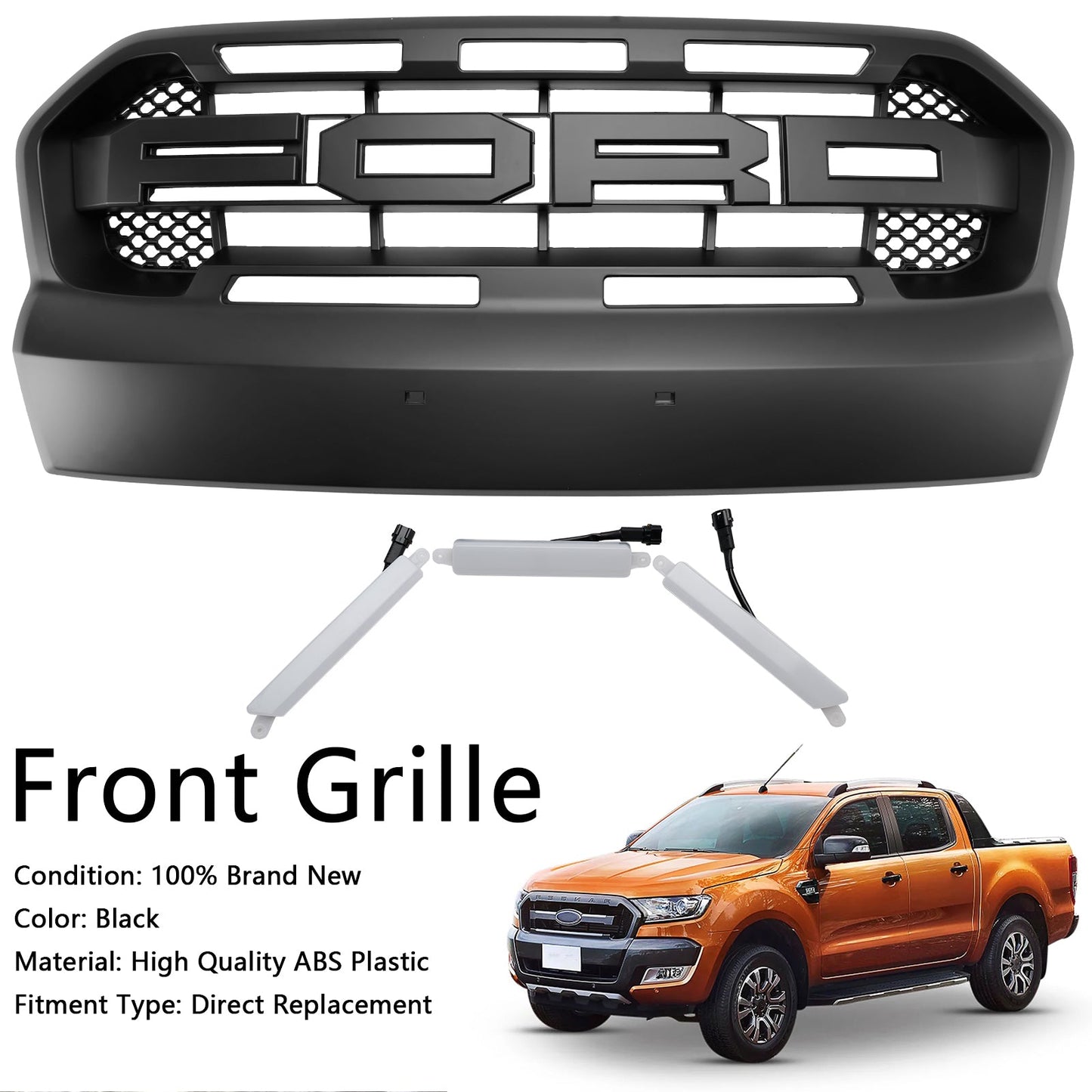 Ford Ranger 2015-2019 T7 Front Bumper Grill Black Raport Style Grille W/3 White LED