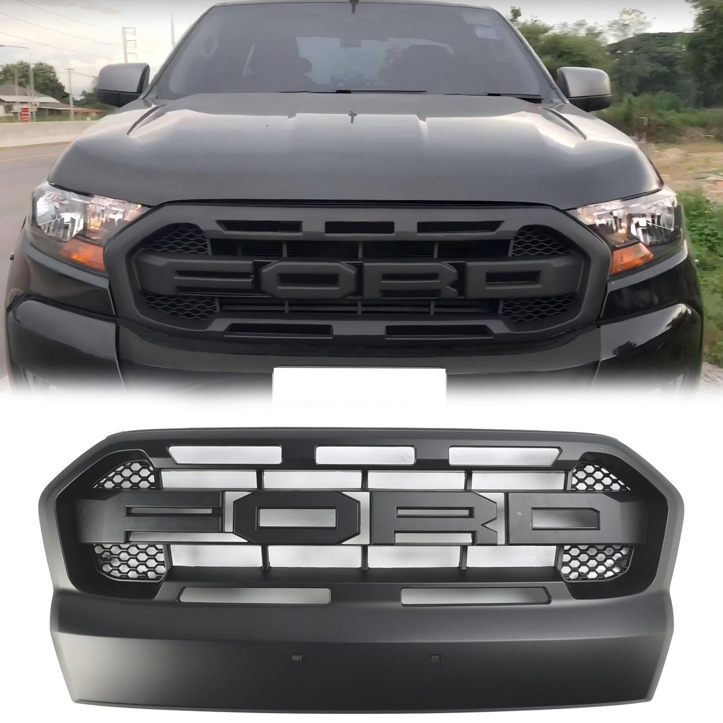 Ford Ranger T7 2015-2019 Wildtrak Raptor Style Front Bumper Grill Replacement Matte Black Grille