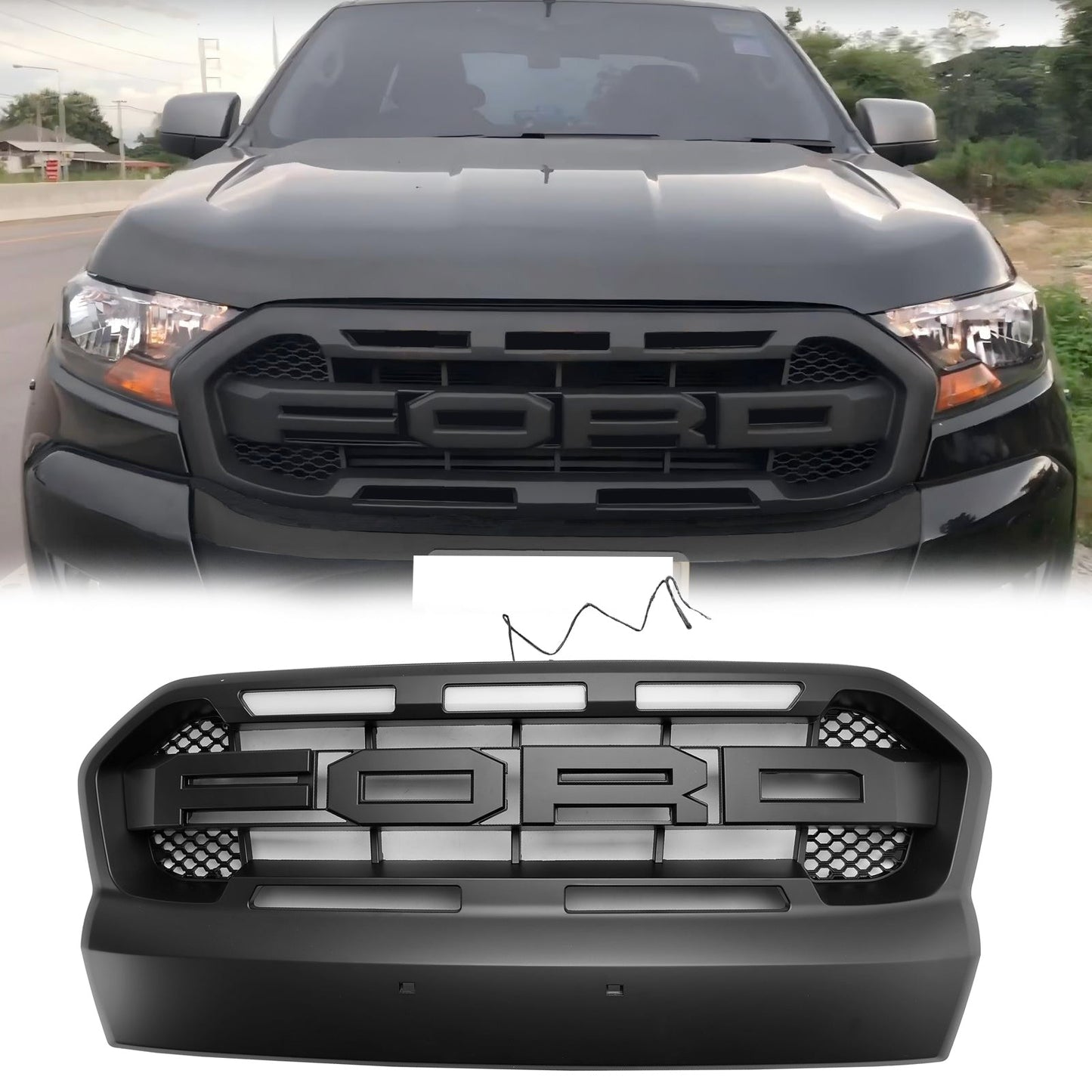 Ford Ranger 2015-2019 T7 Front Bumper Grill Black Raport Style Grille W/3 White LED