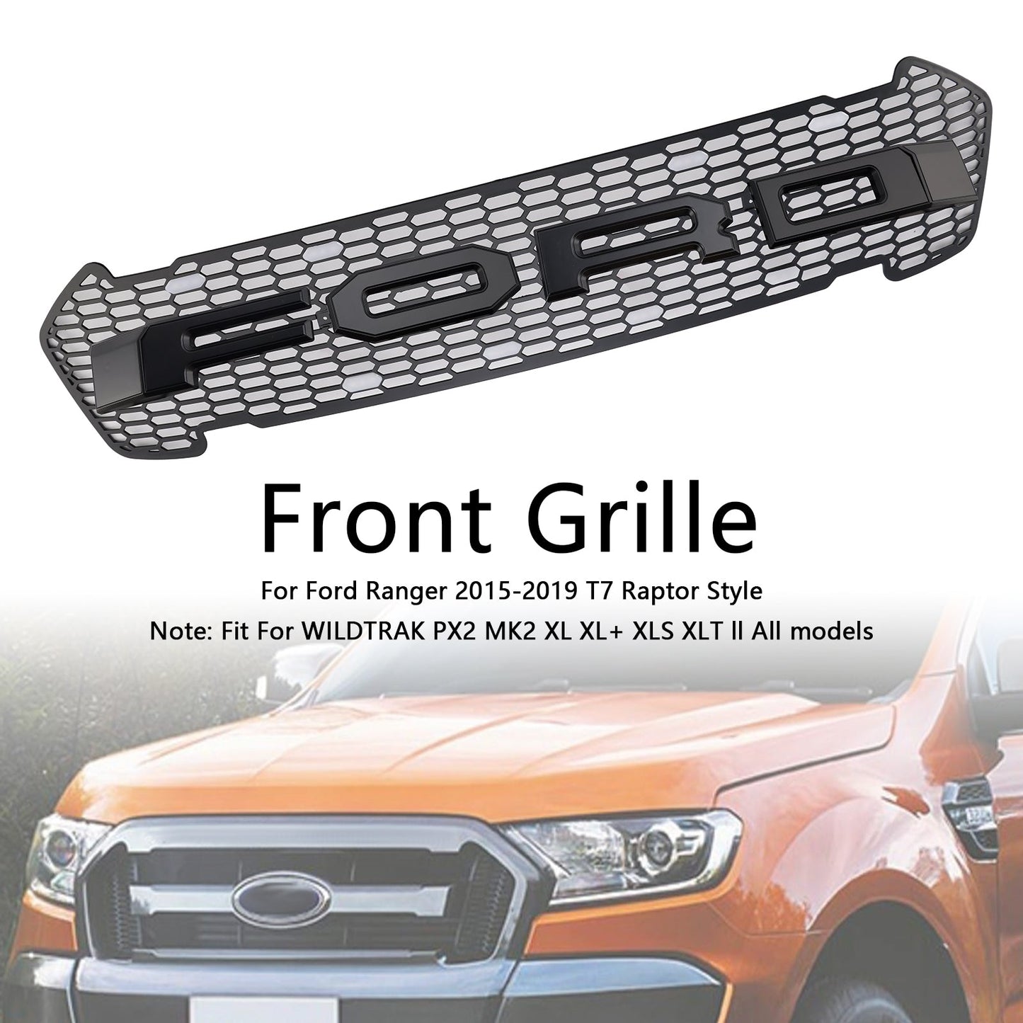 2015-2019 Ford Ranger T7 Matte Black Front Bumper Grill Grille W/LED