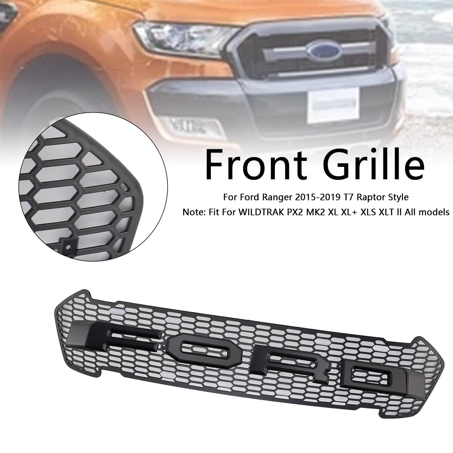 2015-2019 Ford Ranger T7 Matte Black Front Bumper Grill Grille W/LED