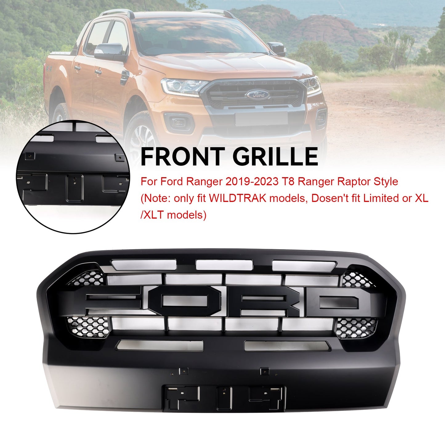 2019-2023 Ford Ranger Wildtrak Front Bumper Black Grille Raptor Sport Replacement Grill With Letter