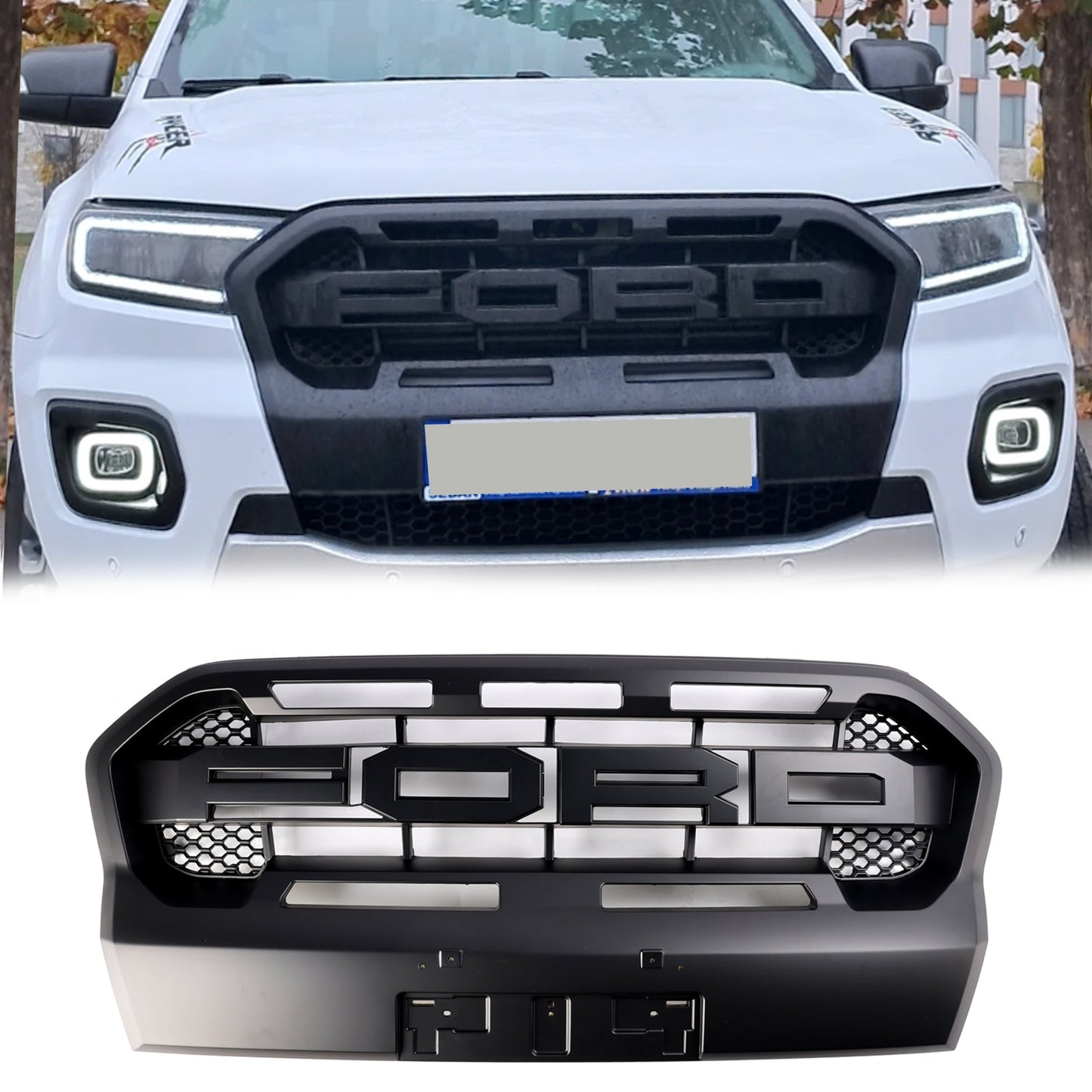 2019 2020 2021 2022 2023 Ford Ranger Wildtrak Black Grille Raptor Style Front Bumper Replacement Grille