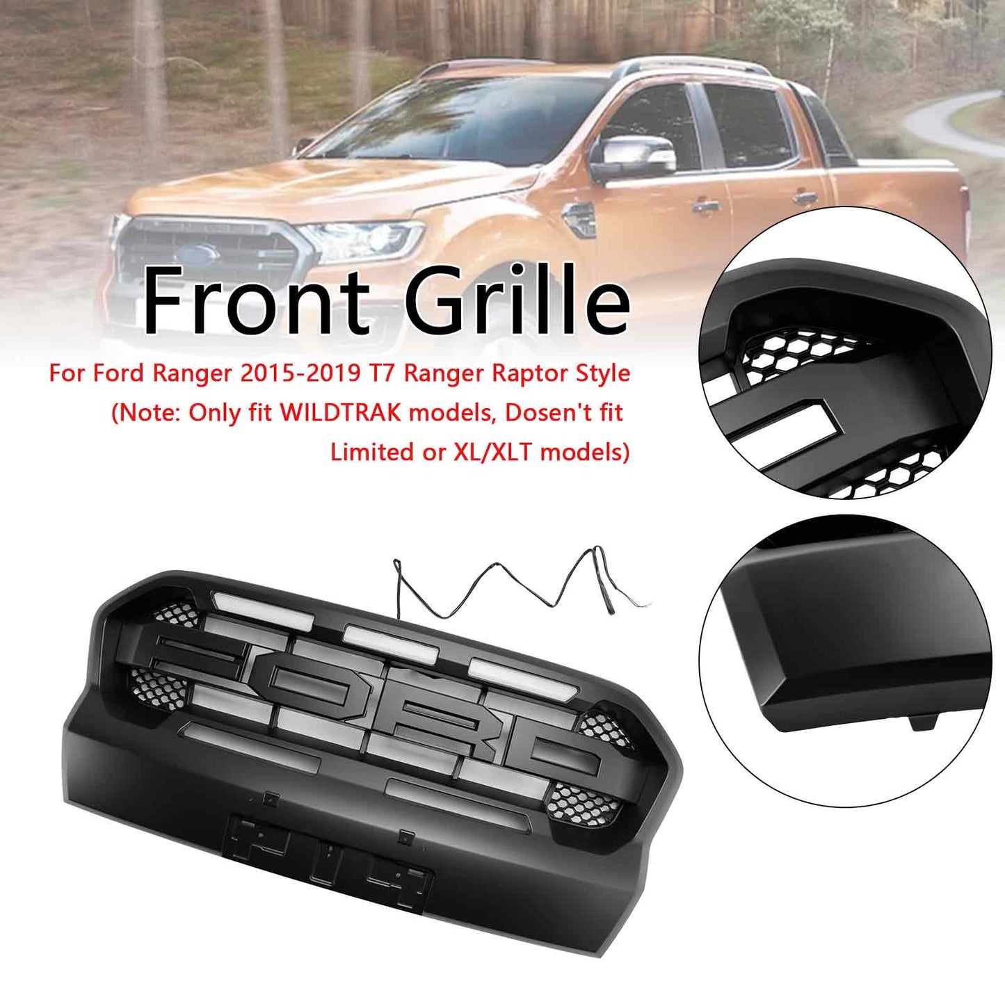 2019-2023 Ford Ranger Wildtrak Raptor Style Grille Matte Black Front Bumper Grille With LED Light