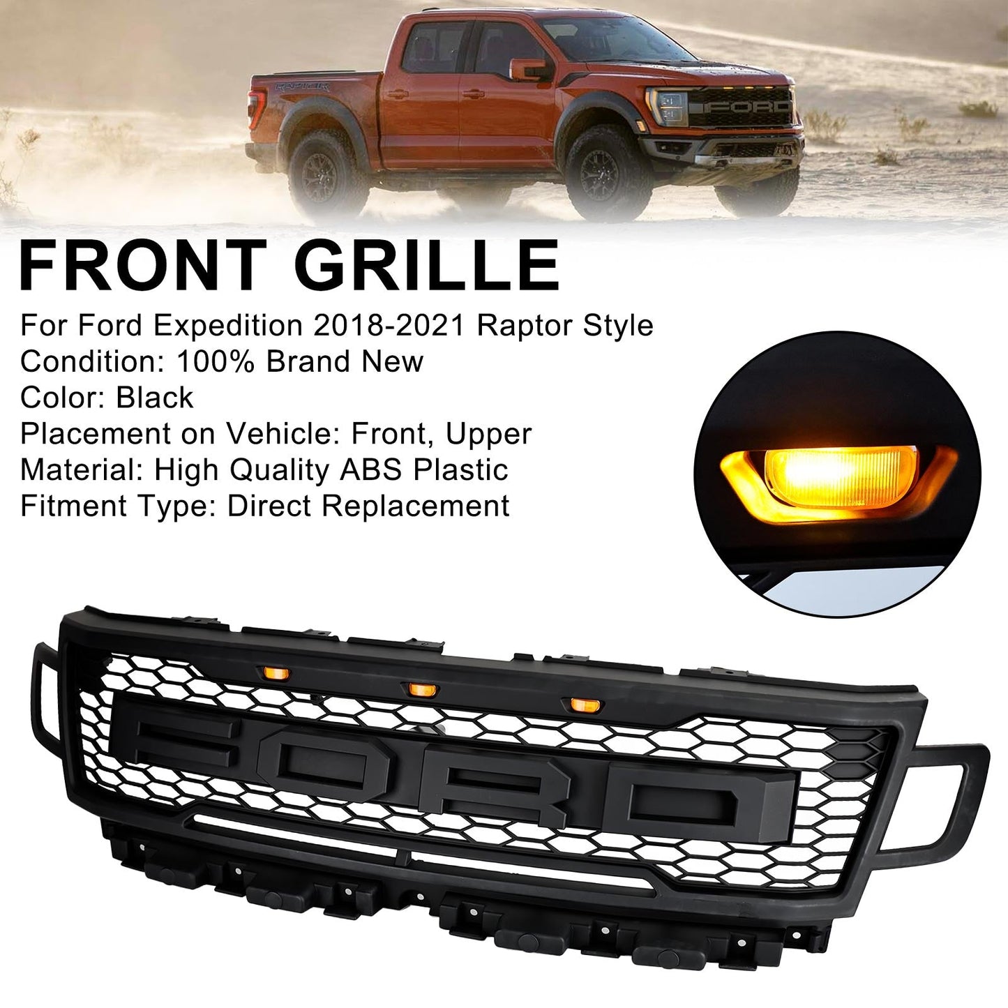 2018-2021 Ford Expedition Front Bumper Grill Grill Raptor Style W/LED