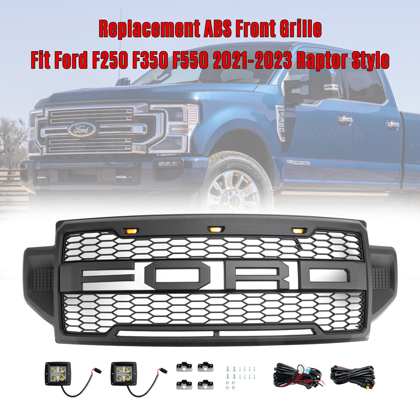 Raptor Style Grill For F250 F350 F450 F550 2021-2022 Front Bumper Honeycomb Black Grille With LED + Letter