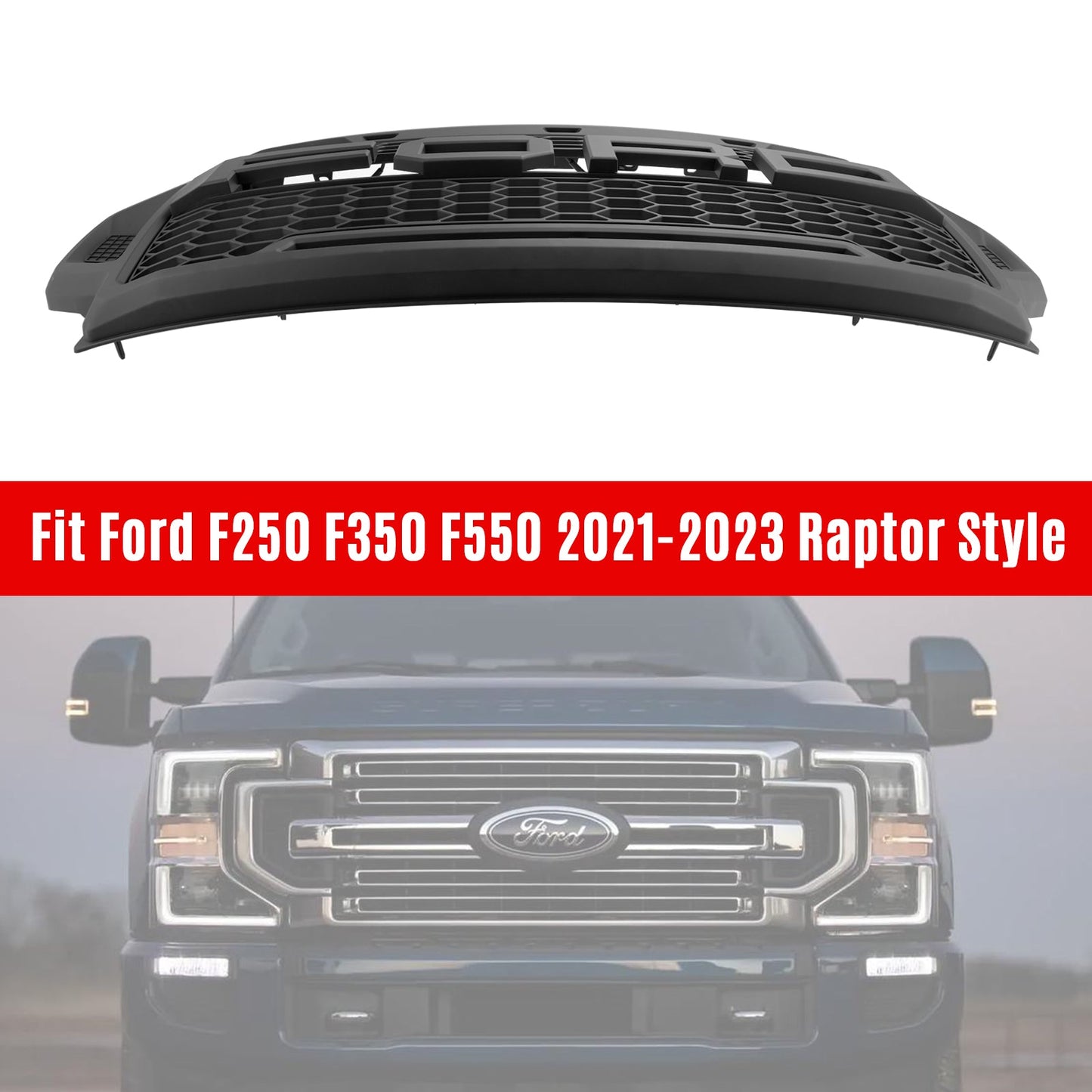 Raptor Style Grill For F250 F350 F450 F550 2021-2022 Front Bumper Honeycomb Black Grille With LED + Letter