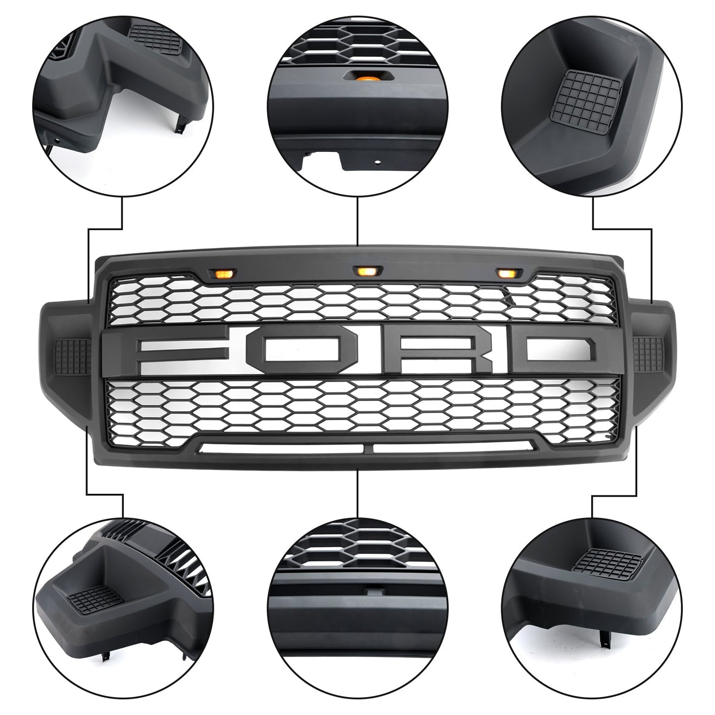 Ford F250 F350 F450 F550 | 2021 2022 | Raptor Front Grille | Matte Black | Upper Bumper Replacement Grill W/ Letter & LED