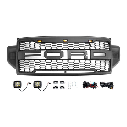 Raptor Style Grill For F250 F350 F450 F550 2021-2022 Front Bumper Honeycomb Black Grille With LED + Letter