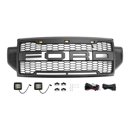 Ford F250 F350 F450 F550 | 2021 2022 | Raptor Front Grille | Matte Black | Upper Bumper Replacement Grill W/ Letter & LED