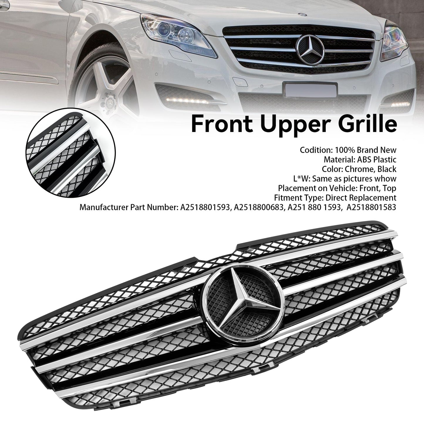 2010-2013 Mercedes-Benz R-Class W251 R300/350/500/320CDI Front Bumper Grille Chrome Black Replacement Grill