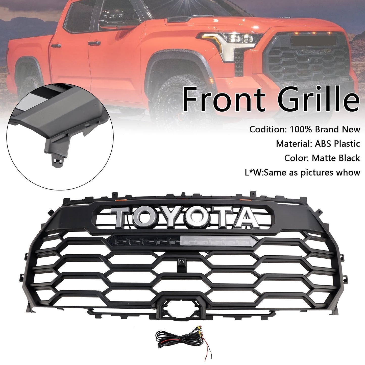 Toyota Tundra TRD PRO Front Bumper Grille 2022 2023 2024 2025 Radiator Black Replacement Grill With LED + Camera Hole & Light Bar