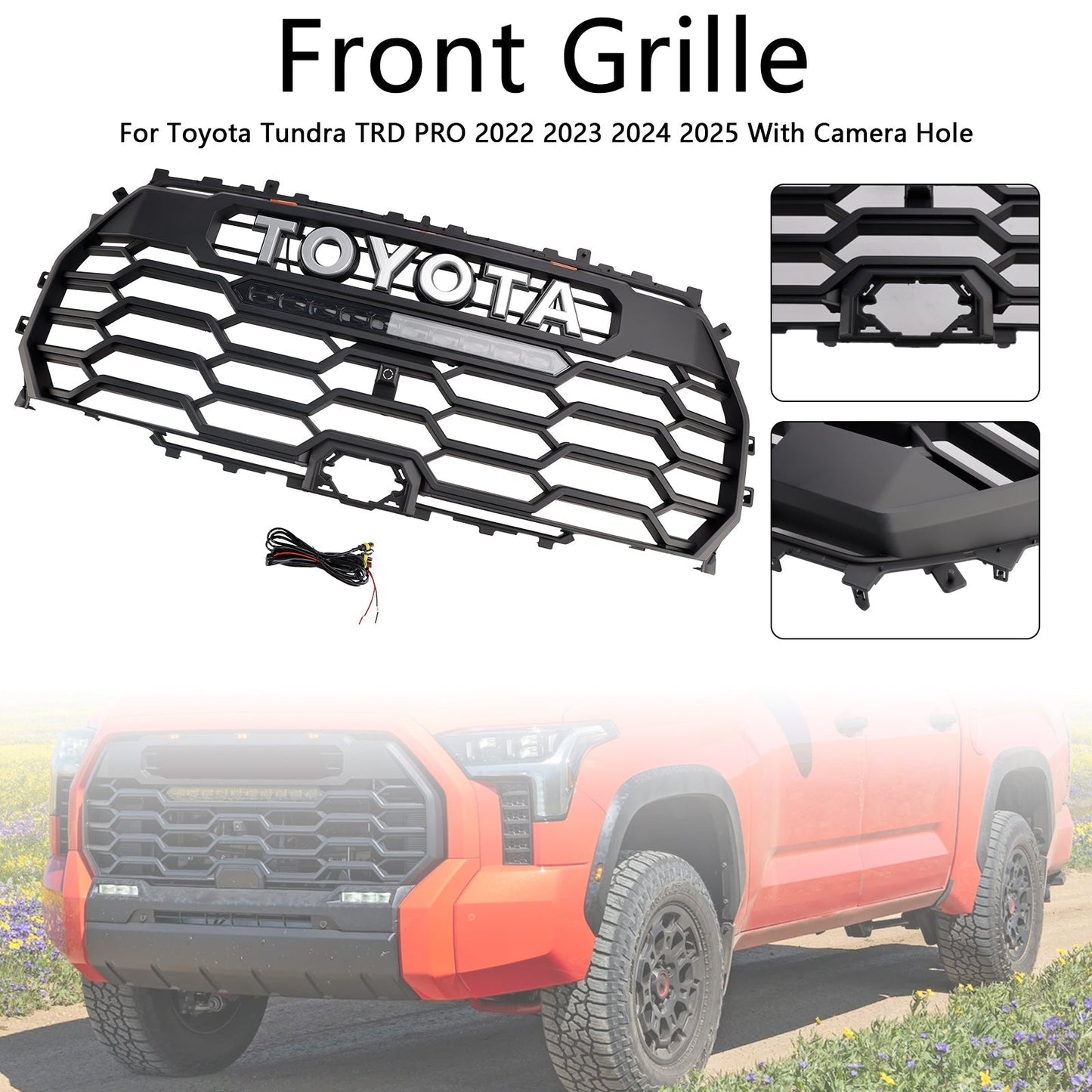 Toyota Tundra TRD PRO Front Bumper Grille 2022 2023 2024 2025 Radiator Black Replacement Grill With LED + Camera Hole & Light Bar