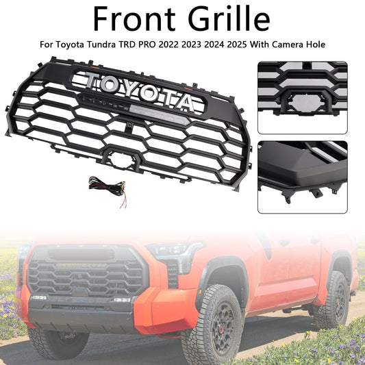 Toyota Tundra TRD PRO Front Bumper Grille 2022 2023 2024 2025 Radiator Black Replacement Grill With LED + Camera Hole & Light Bar