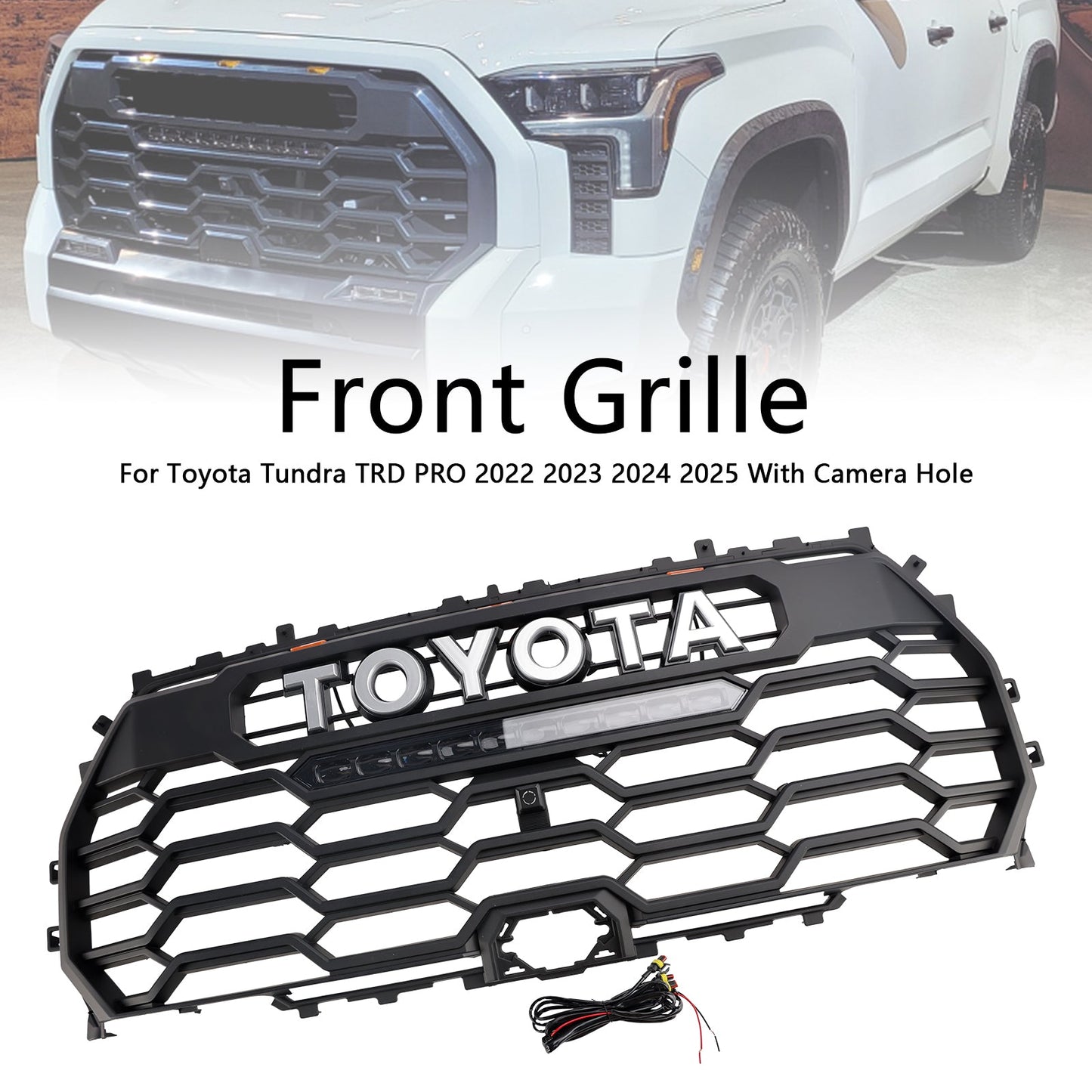 Toyota Tundra TRD PRO Front Bumper Grille 2022 2023 2024 2025 Radiator Black Replacement Grill With LED + Camera Hole & Light Bar