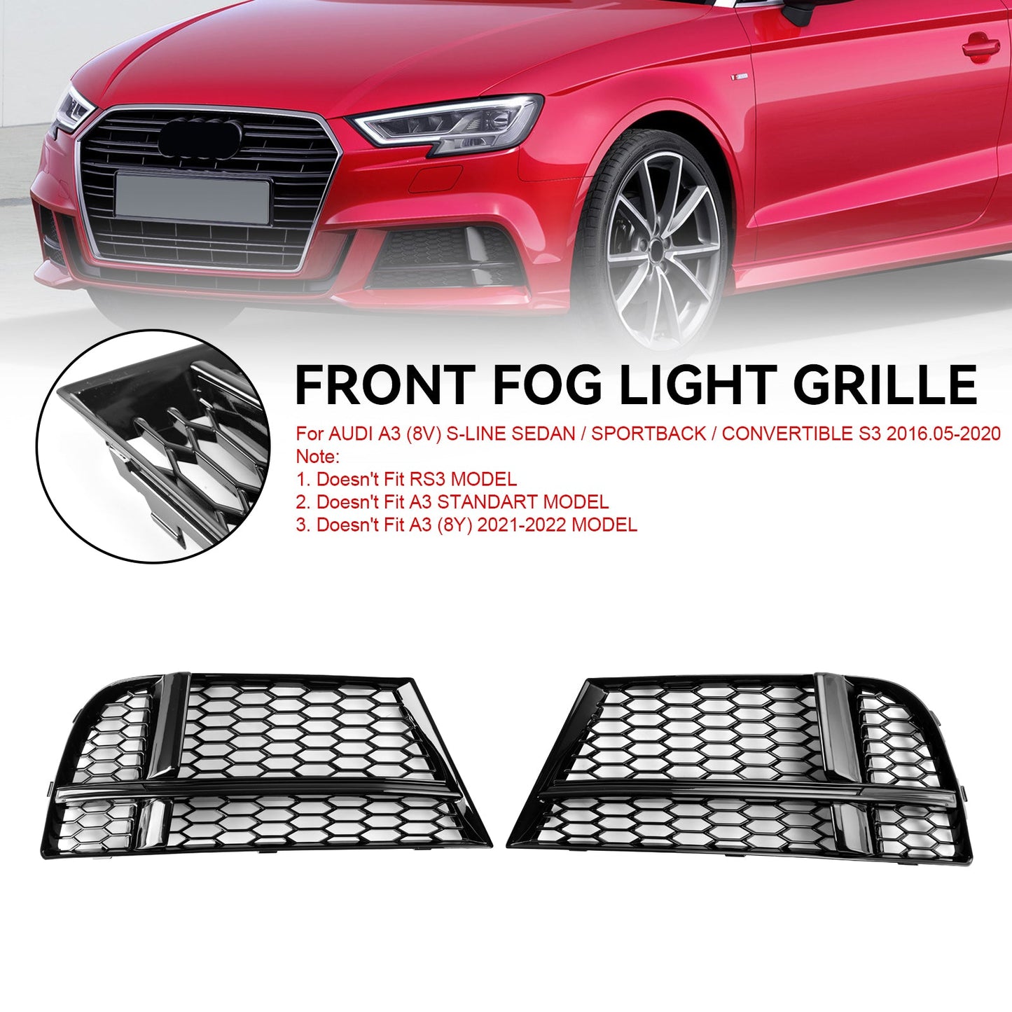 2016.05-2020 Audi A3 8V S-Line Sedan/Sportback/Convertible Front Fog Light Cover Bezel Grille