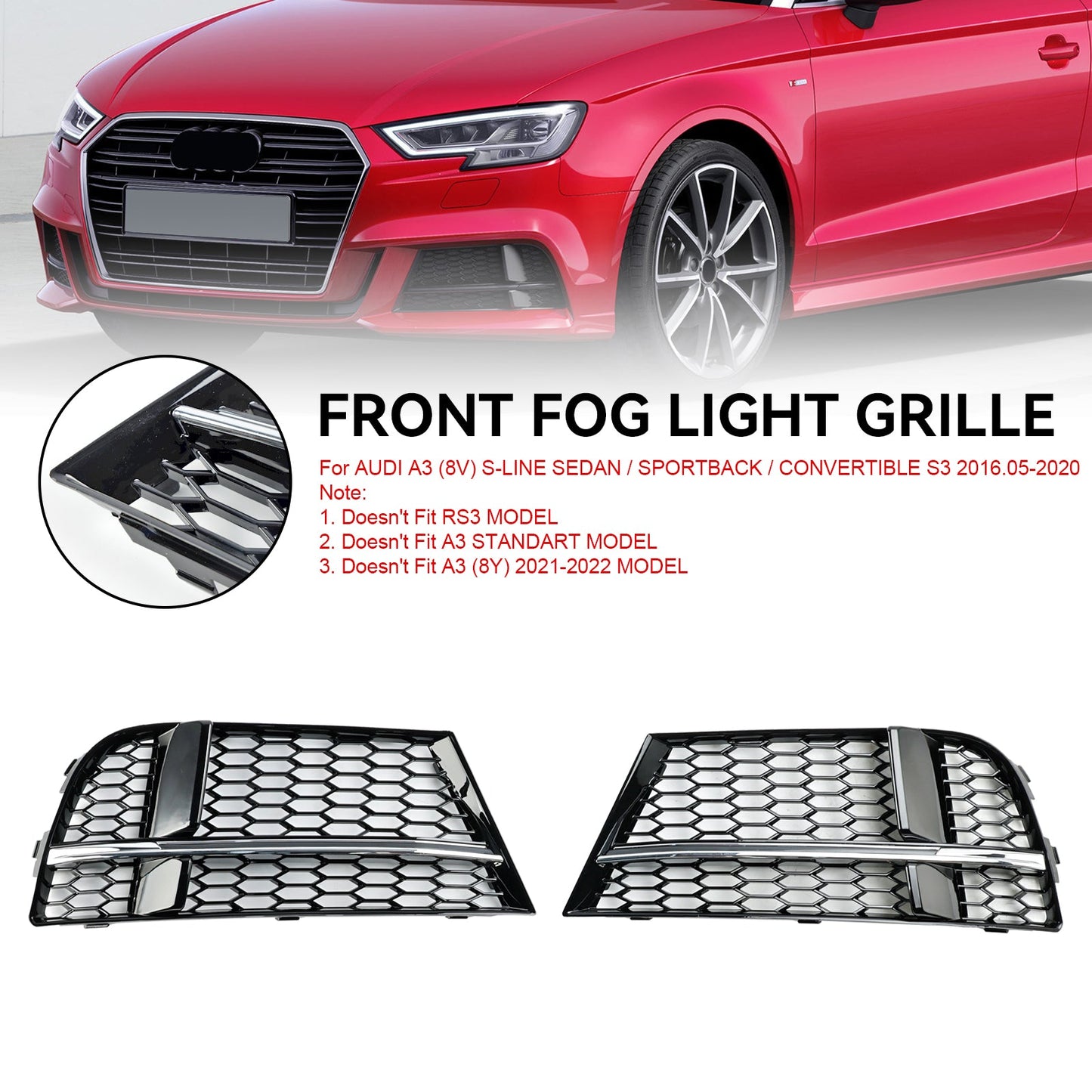 2016.05-2020 Audi A3 8V S-Line Sedan/Sportback/Convertible Front Fog Light Cover Bezel Grille